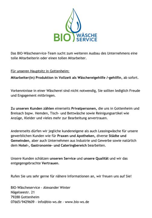 Bio Waesche Service Stellenanzeige Online